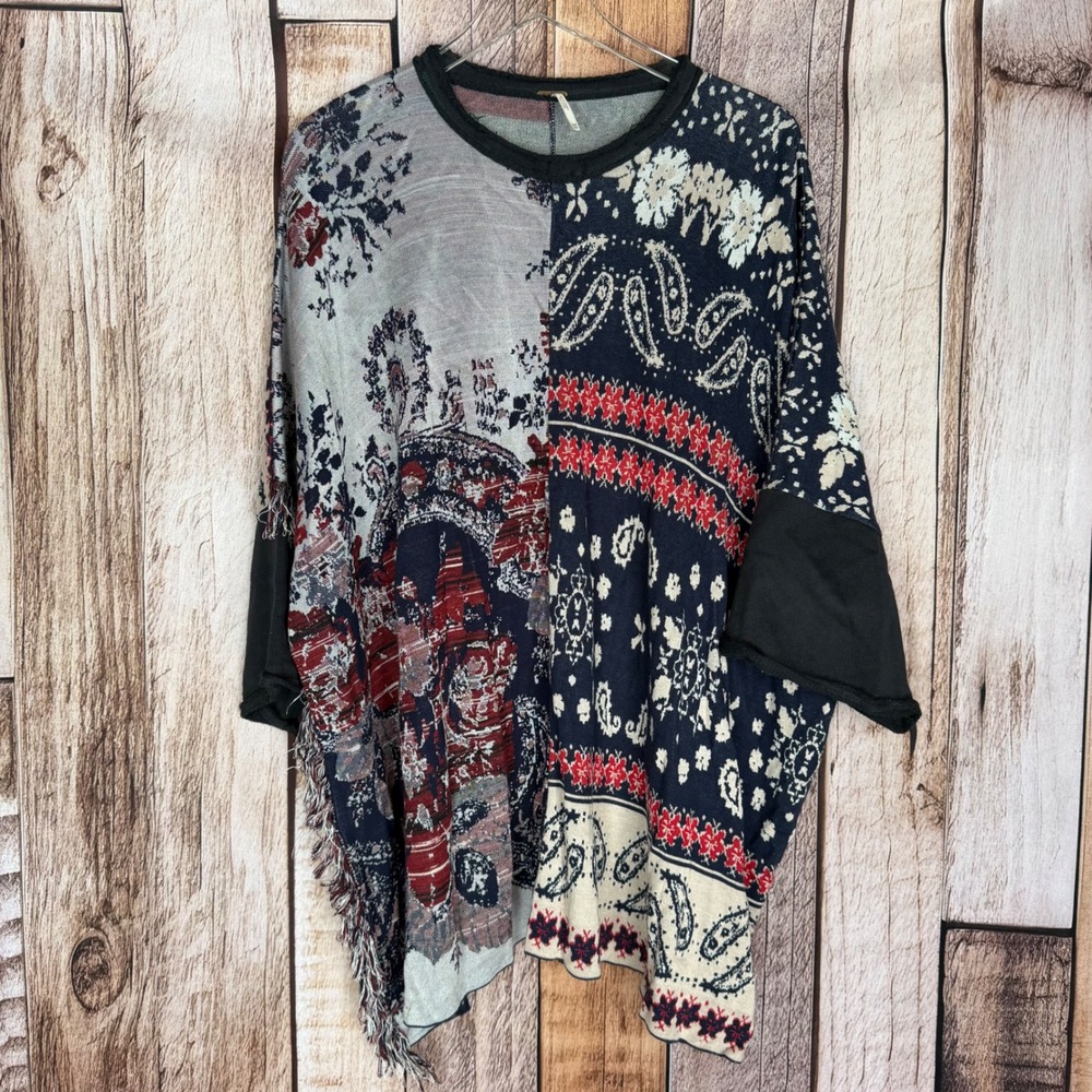 Free People Knit Sweater Boho Patchwork Paisley Print Dolman Sleeve Poncho XS S